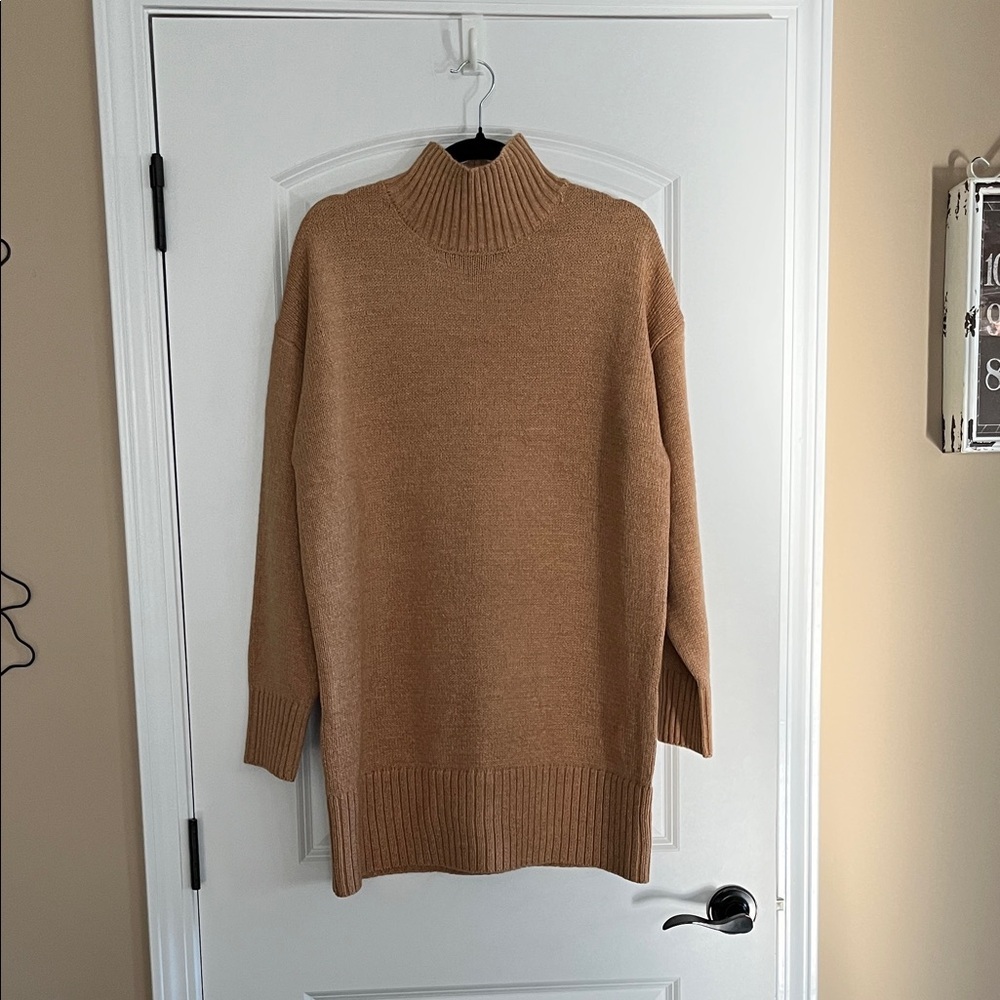 Zenana Sweater Dress Size Large Camel Mock Neck Oversized Cozy Knit Fall Winter - Picture 2 of 8